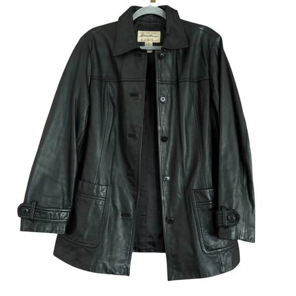 Vintage Jackets & Blazers - Vintage Y2K Eddie Bauer Women’s Black Leather Car Coat Casual Streetwear Sz L